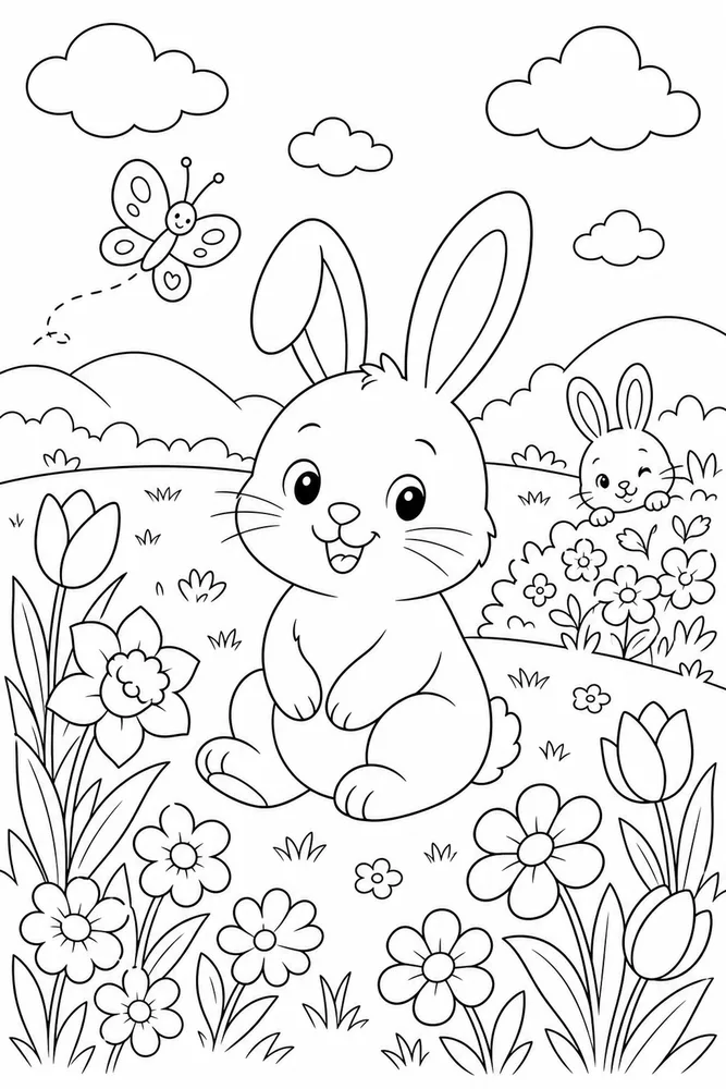 Cute Spring Bunny Meadow coloring page