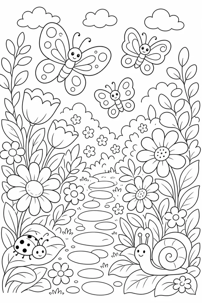 Cute Spring Butterfly Garden coloring page