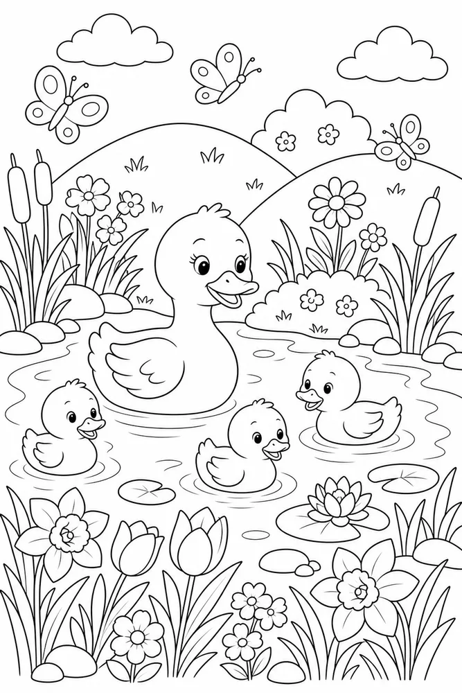 Cute Spring Duck Pond Flowers coloring page