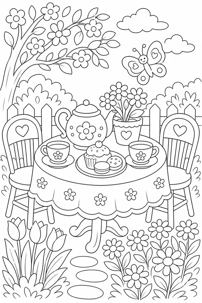 Cute Spring Garden Tea Table coloring page