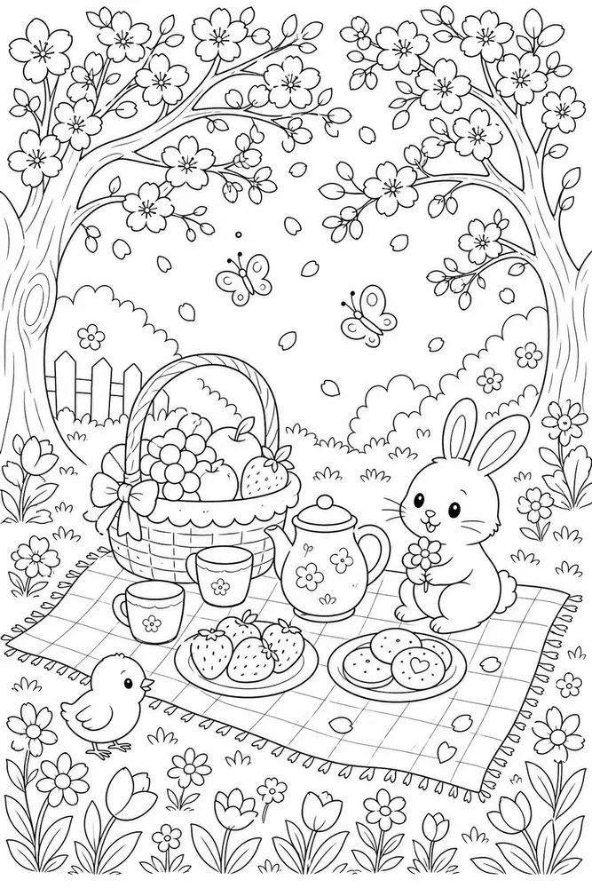 Cute Spring Picnic Under Blossoms coloring page