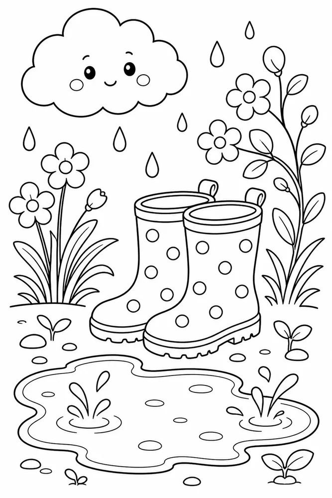 Cute Spring Rain Boots Puddle coloring page