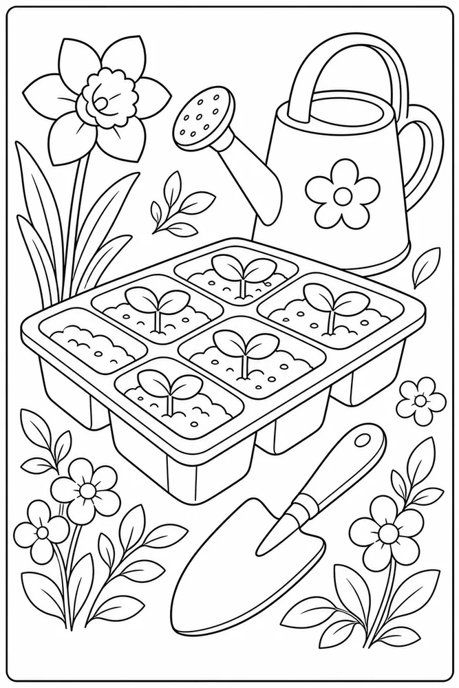 Cute Spring Seedling Tray coloring page