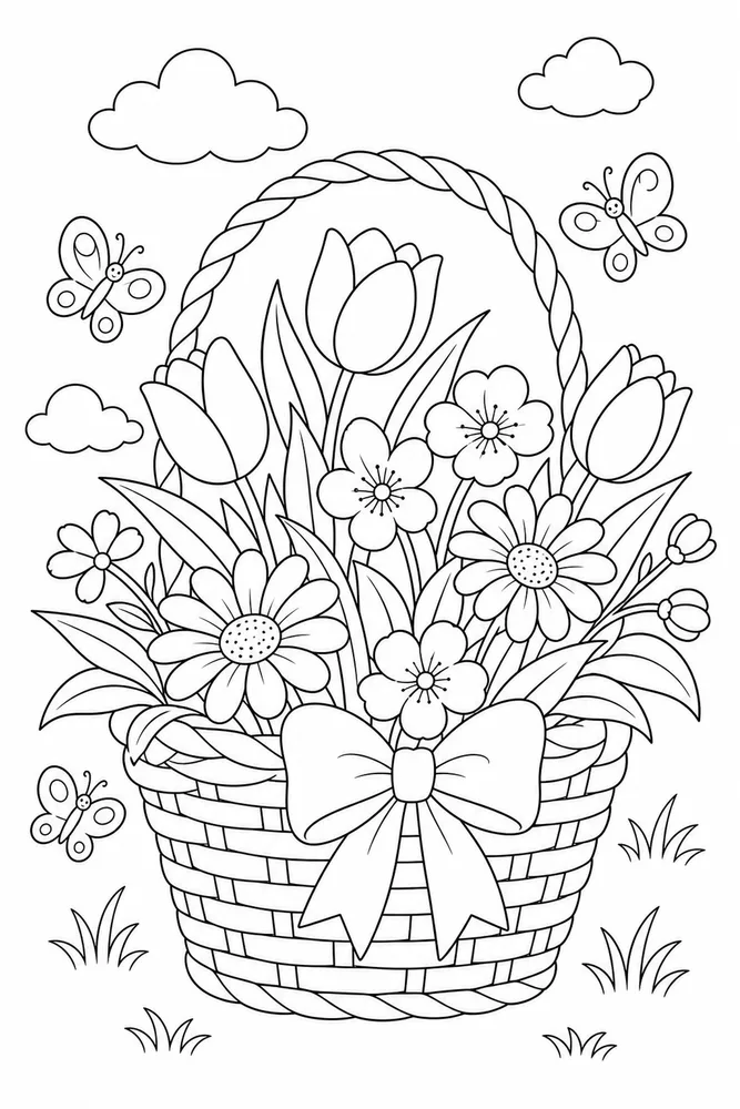 Cute Spring Coloring Pages preview: Cute Spring Spring Flower Basket coloring page