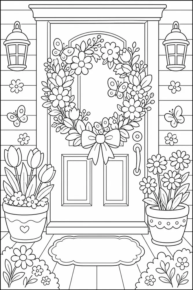 Cute Spring Spring Wreath Doorway coloring page