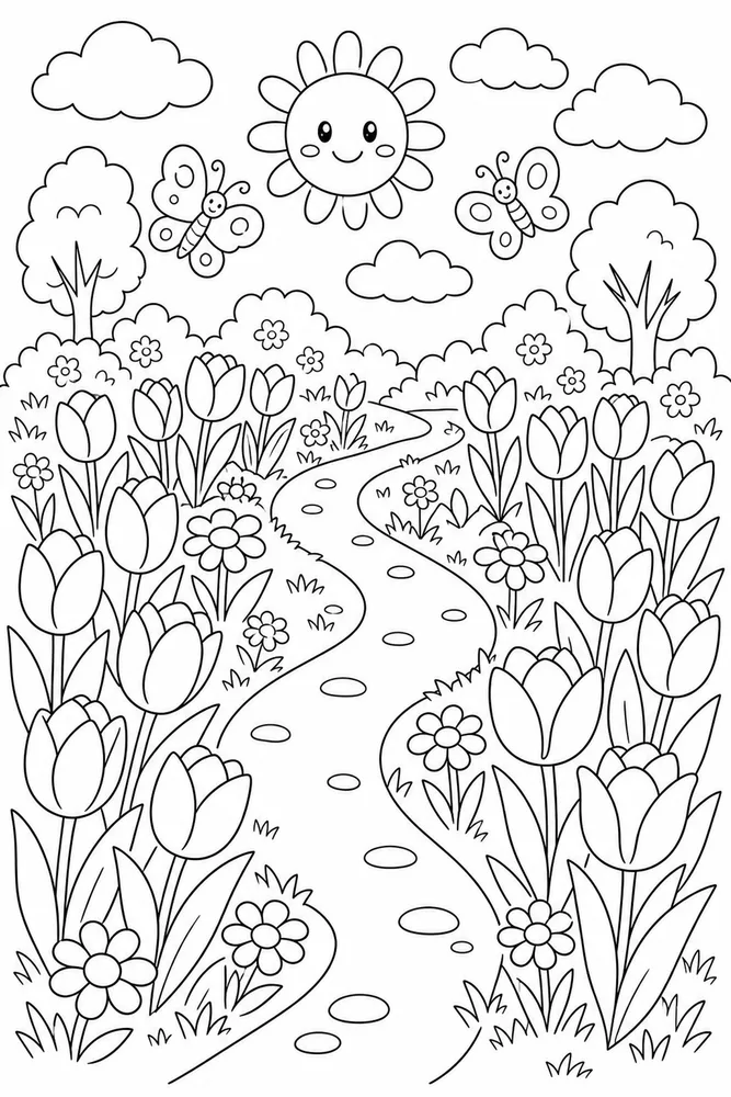 Cute Spring Tulip Path coloring page