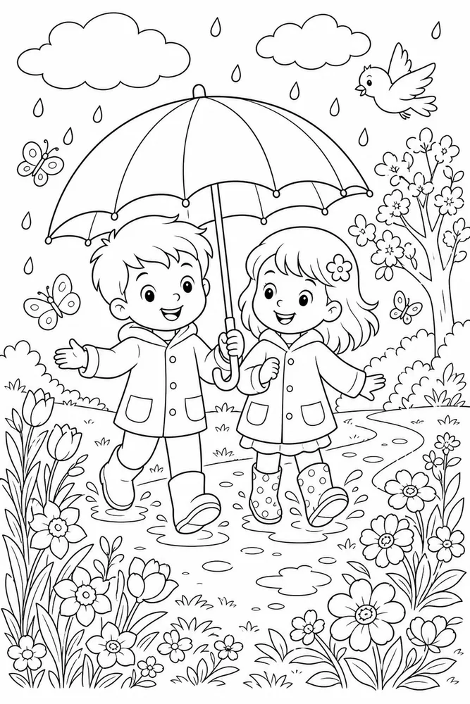 Cute Spring Umbrella Walk coloring page