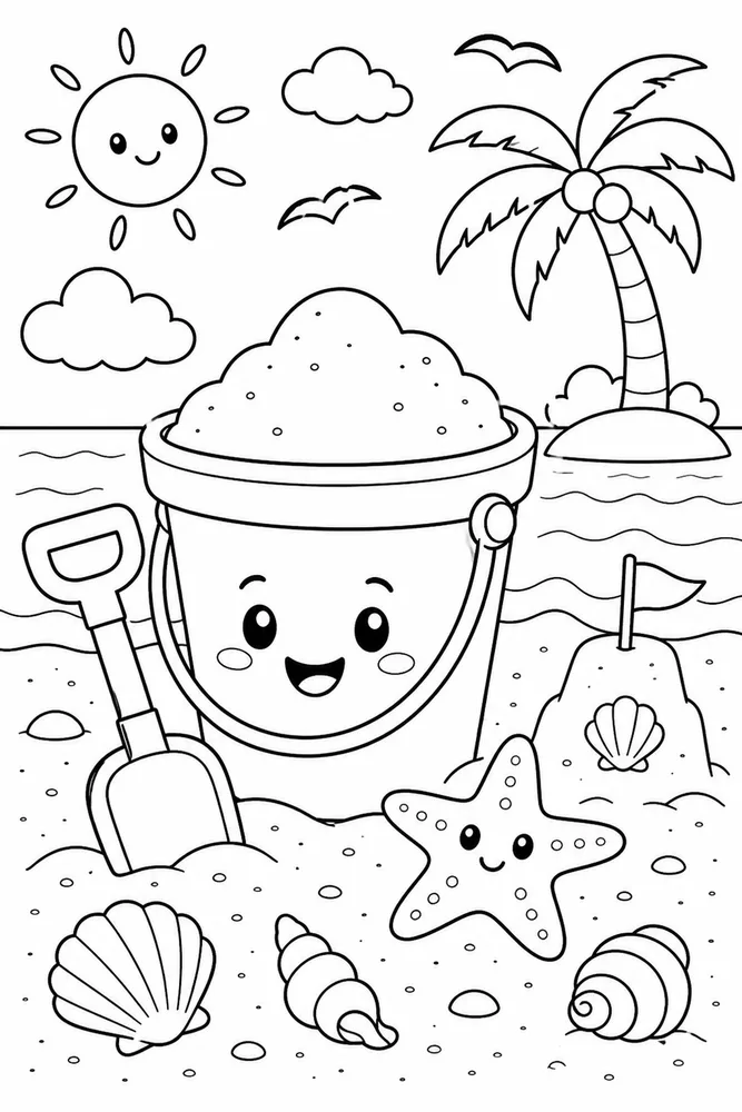Cute Summer Coloring Pages preview: Cute Summer Beach Bucket Scene coloring page