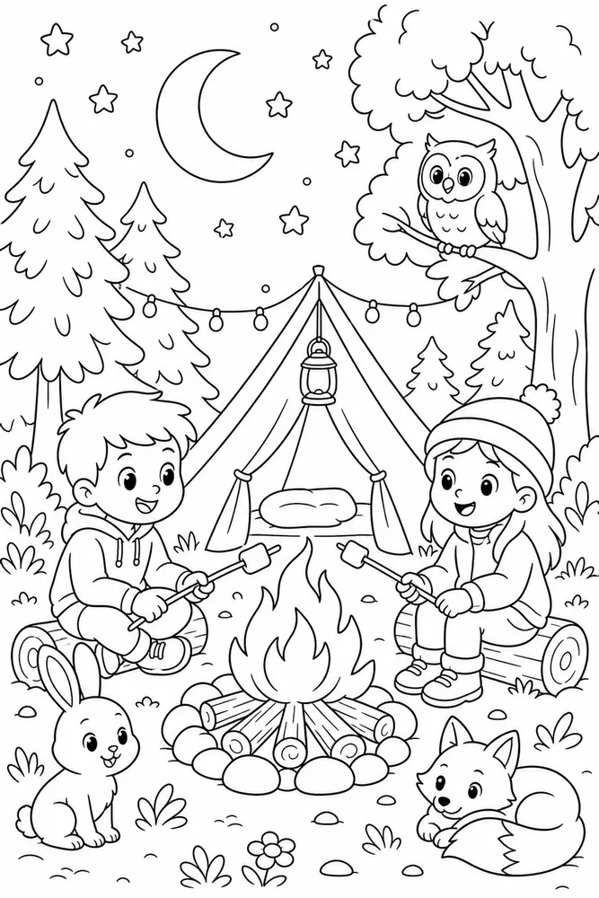 Cute Summer Campfire Night Without Text coloring page