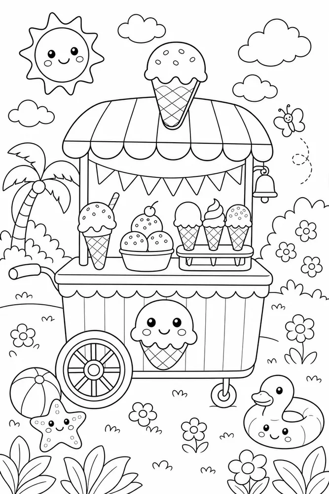 Cute Summer Ice Cream Cart coloring page