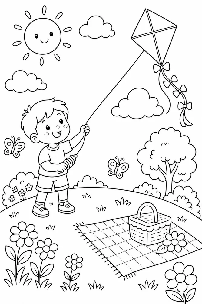Cute Summer Kite Hill coloring page