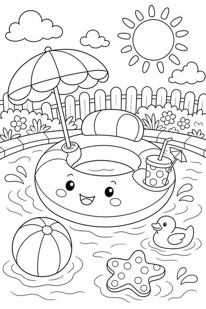 Cute Summer Pool Float Scene coloring page