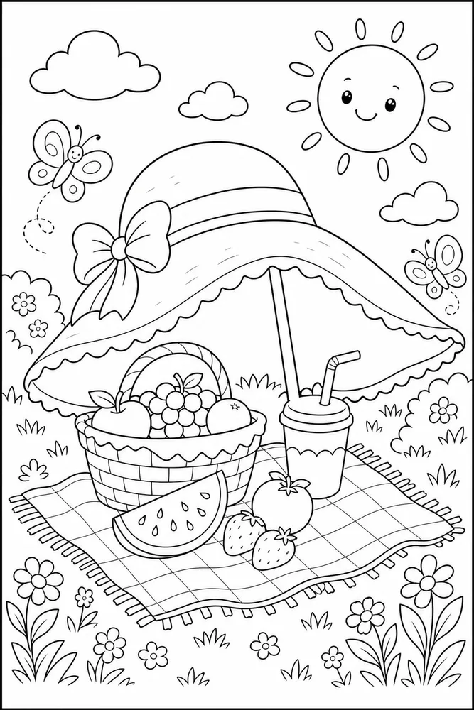 Cute Summer Sun Hat Picnic coloring page