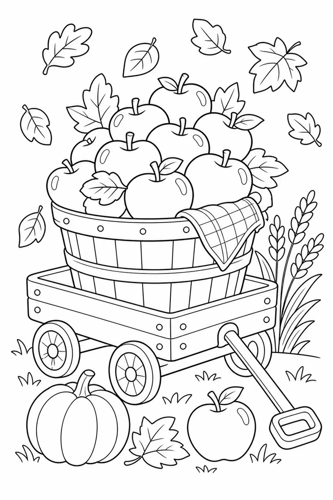 Cute Thanksgiving Apple Basket Wagon coloring page