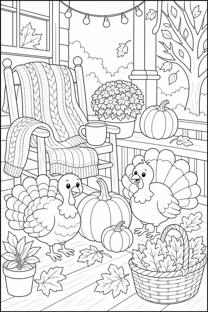 Cute Thanksgiving Cozy Sweater Porch coloring page