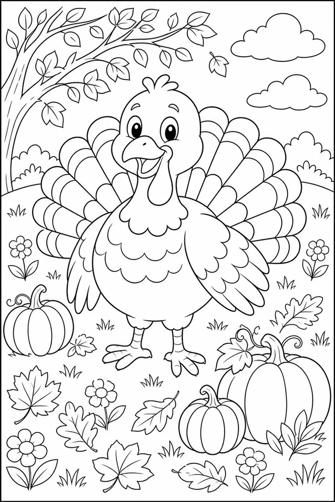 Cute Thanksgiving Friendly Turkey Meadow coloring page