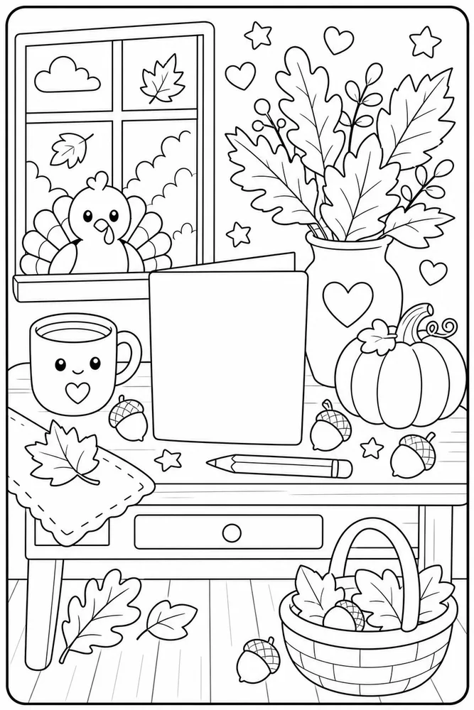 Cute Thanksgiving Gratitude Card Desk Without Words coloring page