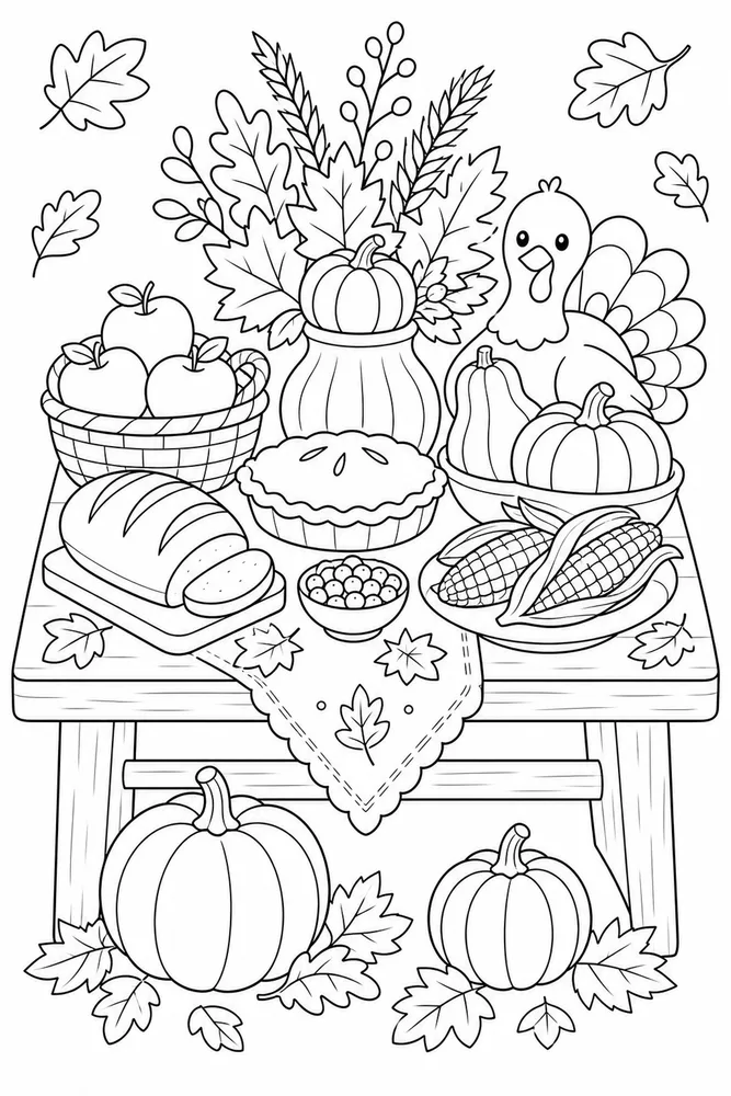 Cute Thanksgiving Harvest Table coloring page