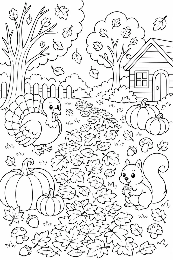 Cute Thanksgiving Leaf Pile Path coloring page