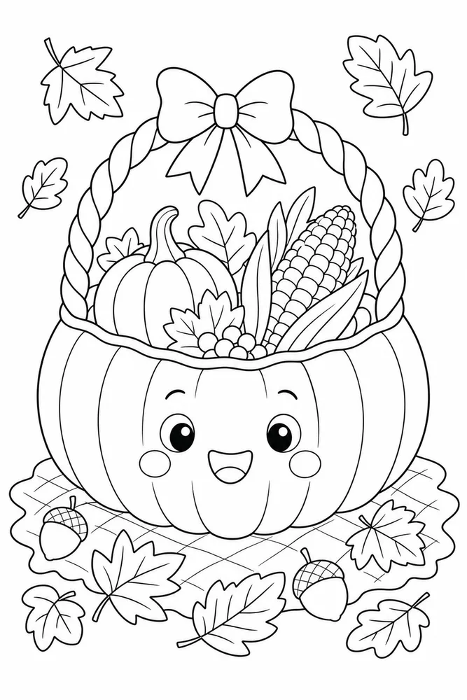 Cute Thanksgiving Coloring Pages preview: Cute Thanksgiving Pumpkin Basket coloring page