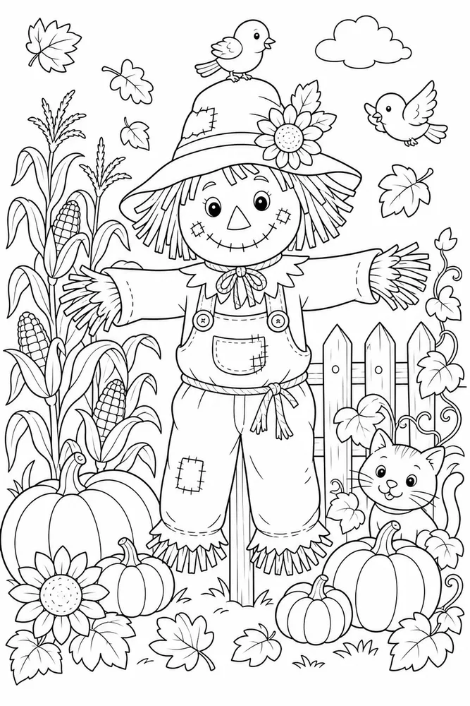 Cute Thanksgiving Scarecrow Garden coloring page