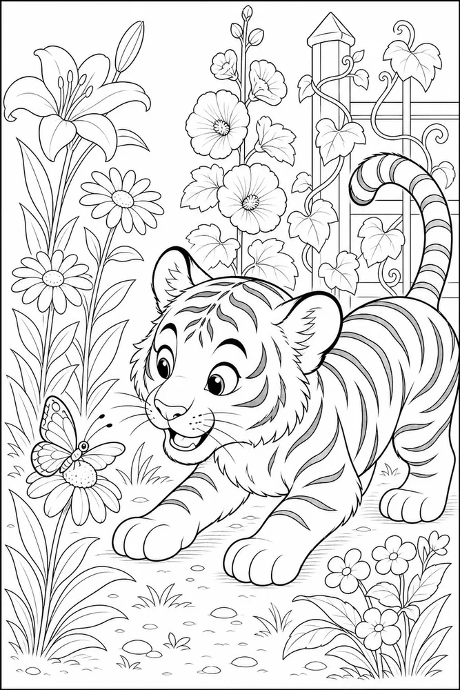Cute Tiger Cute tiger garden setting coloring page