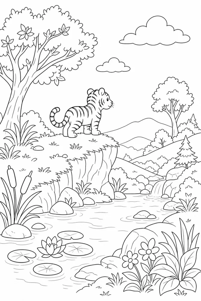 Cute Tiger Cute tiger habitat background coloring page