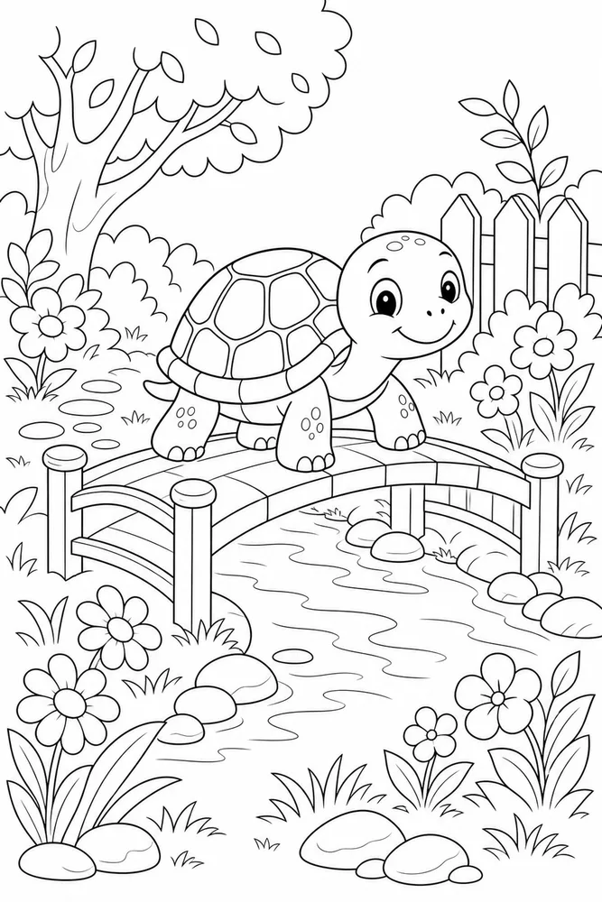 Cute Turtle Turtle Garden Bridge coloring page
