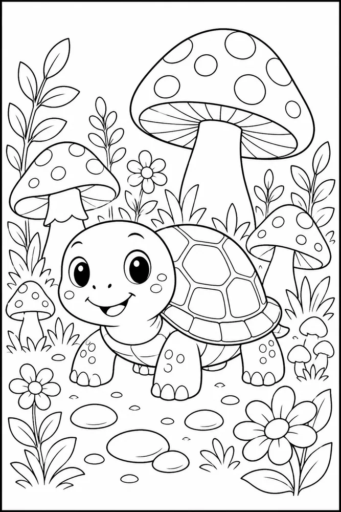Cute Turtle Turtle Mushroom Garden coloring page