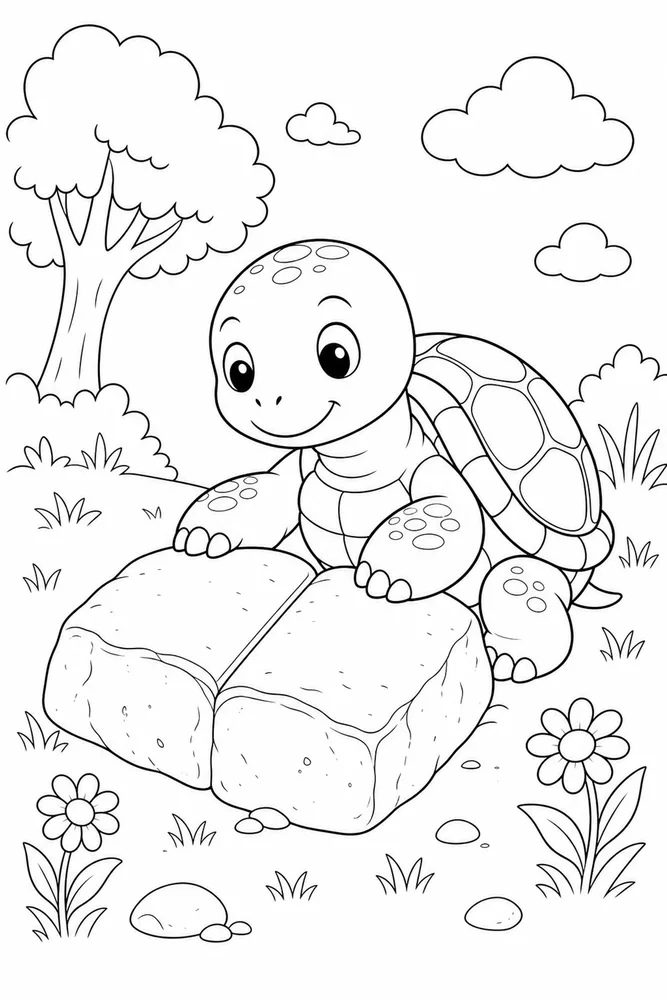 Cute Turtle Turtle Reading Rock coloring page