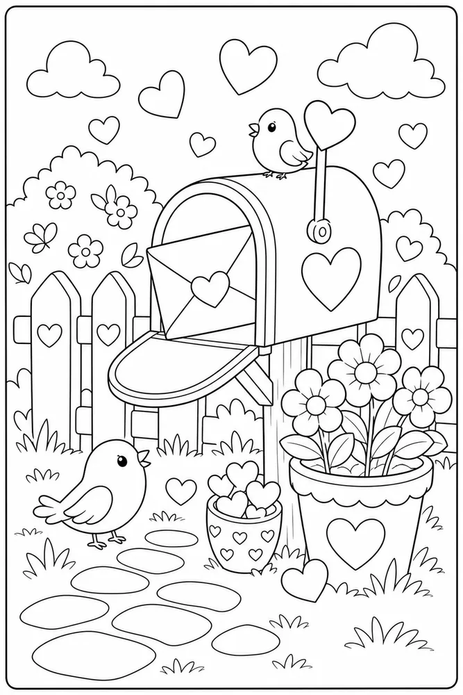 Cute Valentine Cozy Mailbox Scene coloring page