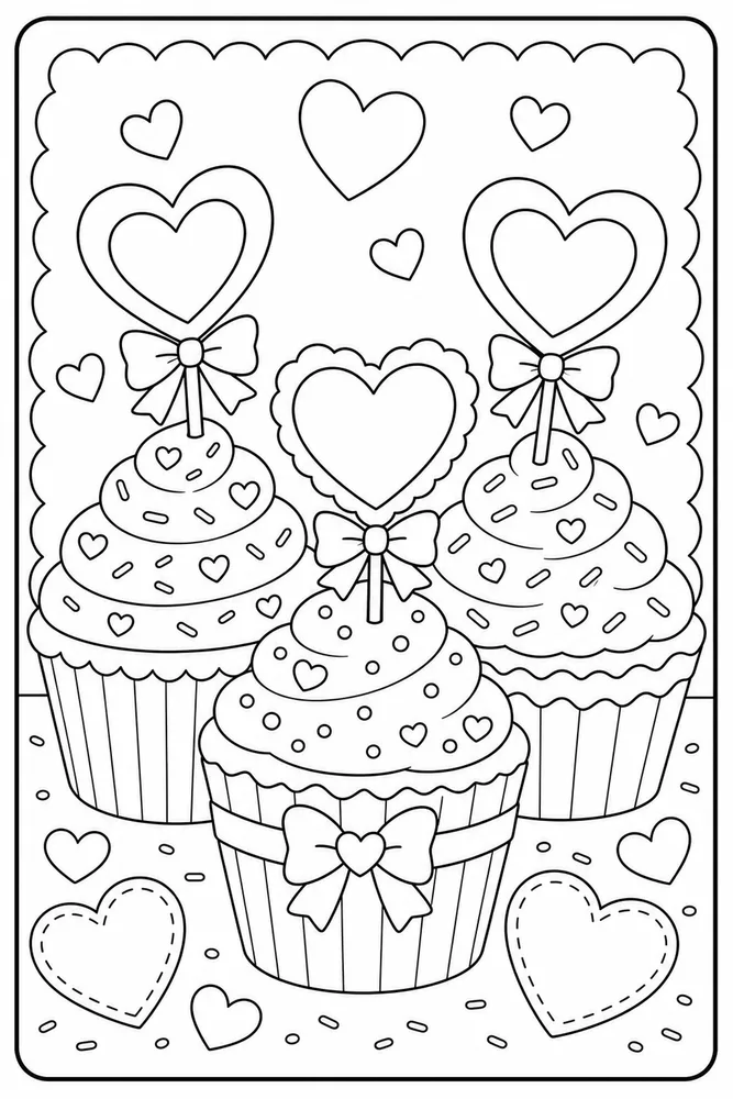 Cute Valentine Cupcake Heart Toppers coloring page