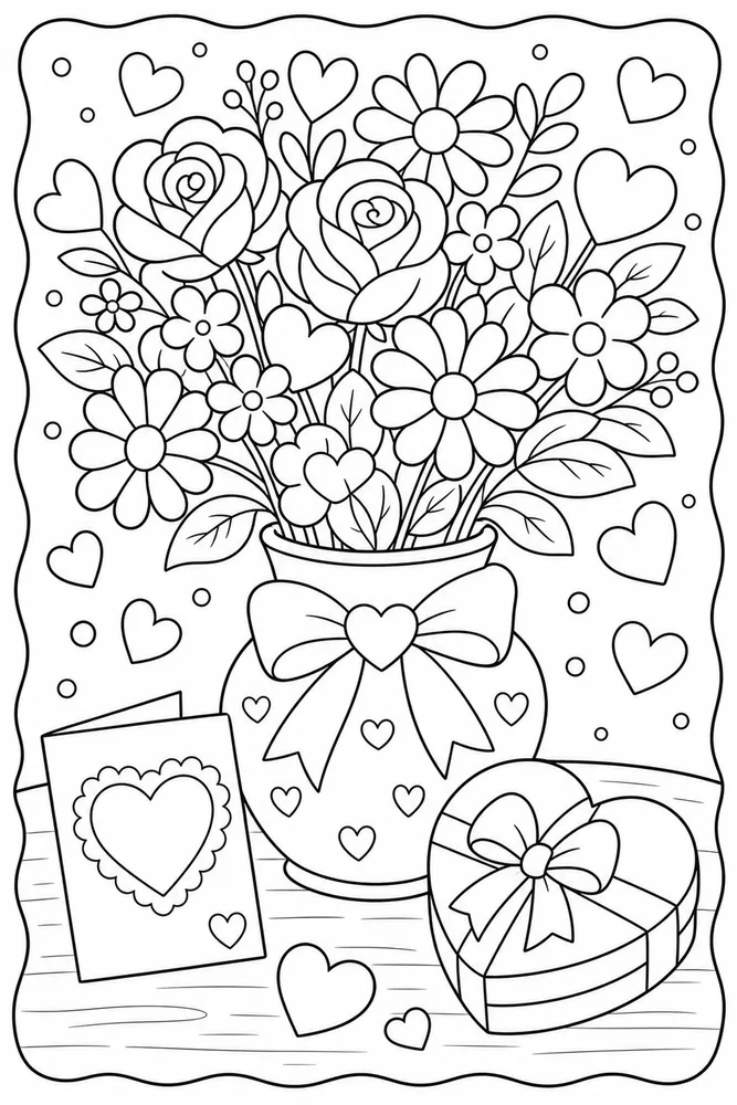 Cute Valentine Flower Bouquet Table coloring page