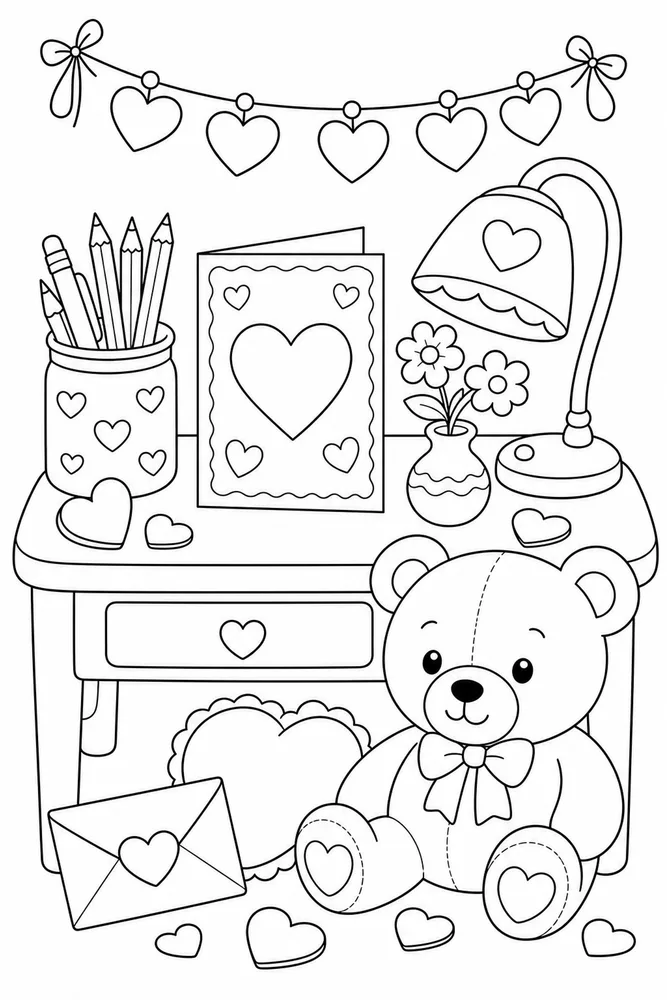 Cute Valentine Friendly Card Desk Without Words coloring page