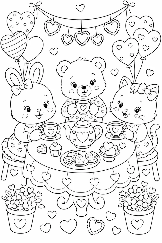 Cute Valentine Friendship Tea Table coloring page