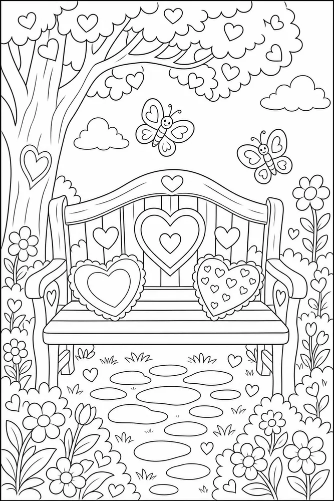 Cute Valentine Garden Bench Hearts coloring page