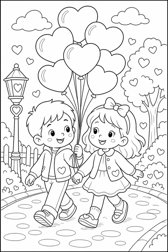 Cute Valentine Coloring Pages preview: Cute Valentine Heart Balloon Walk coloring page