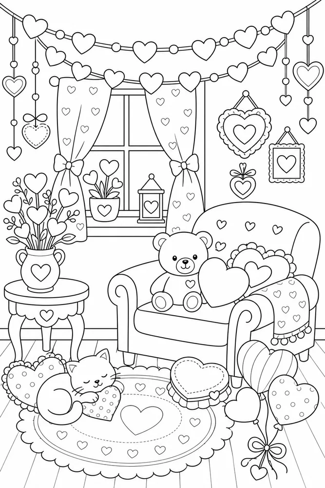 Cute Valentine Heart Garland Room coloring page