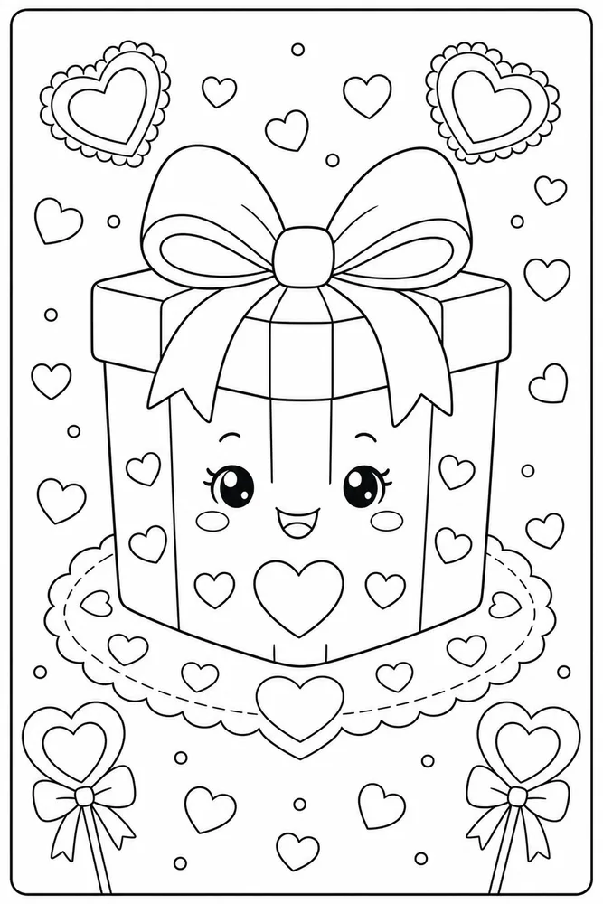 Cute Valentine Ribbon Gift Box coloring page