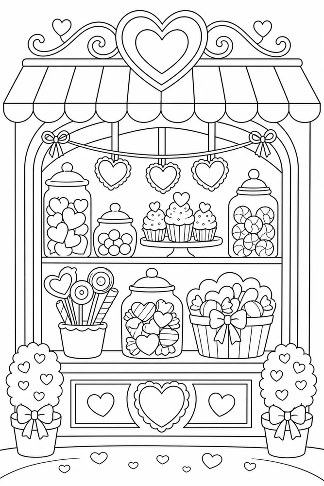 Cute Valentine Sweet Shop Window coloring page