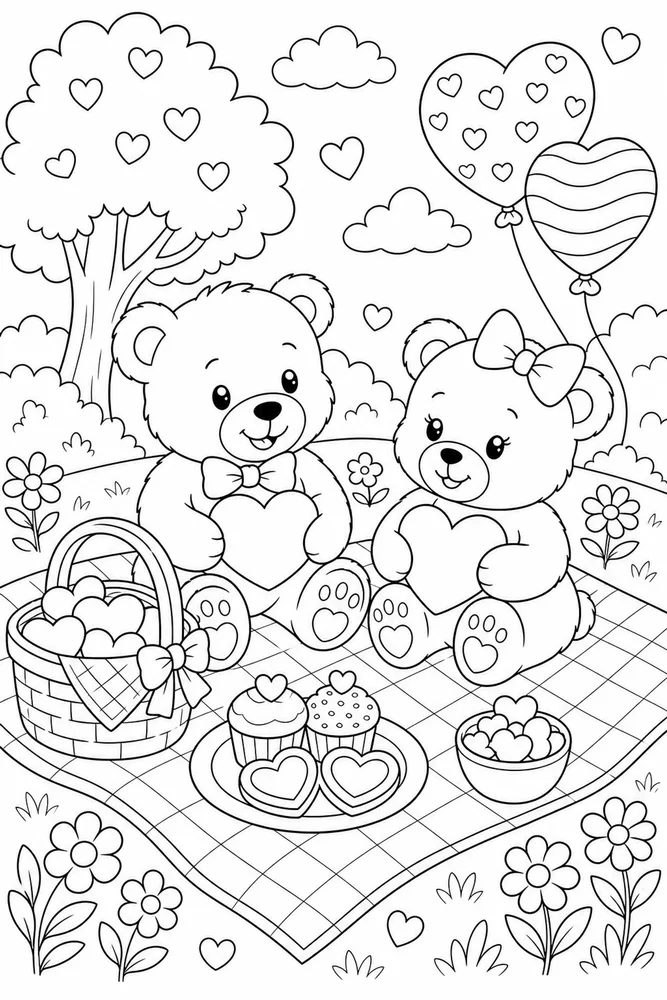 Cute Valentine Teddy Bear Picnic coloring page