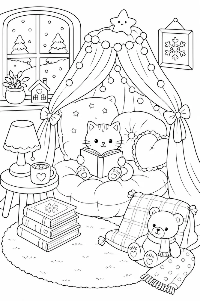 Cute Winter Blanket Reading Nook coloring page