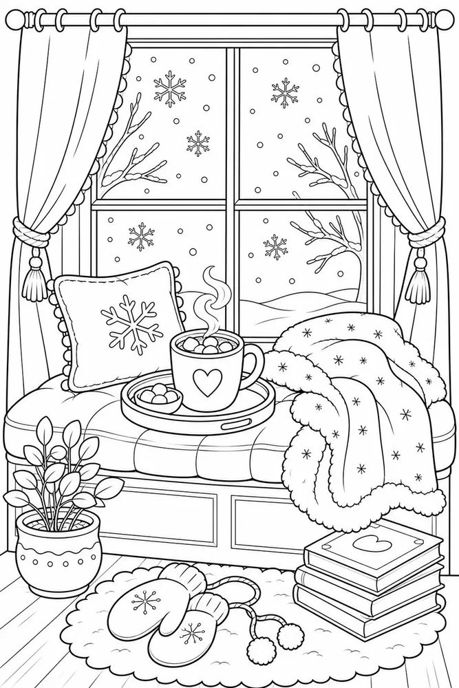Cute Winter Cocoa Window Seat coloring page