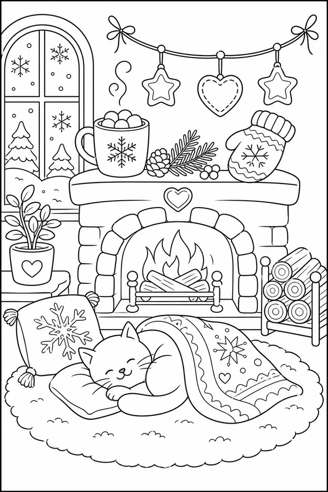 Cute Winter Cozy Fireplace Rug coloring page