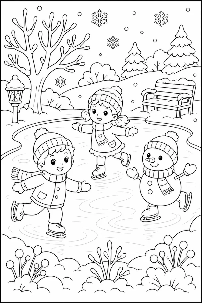 Cute Winter Ice Skating Pond coloring page
