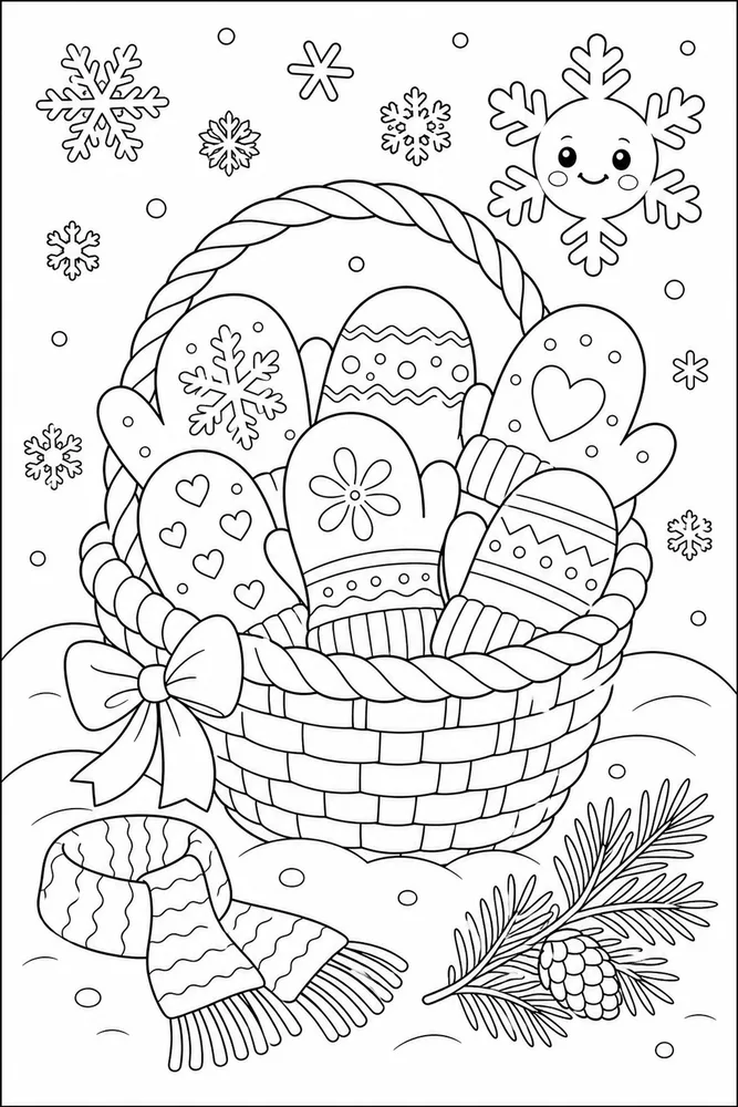 Cute Winter Mitten Basket coloring page