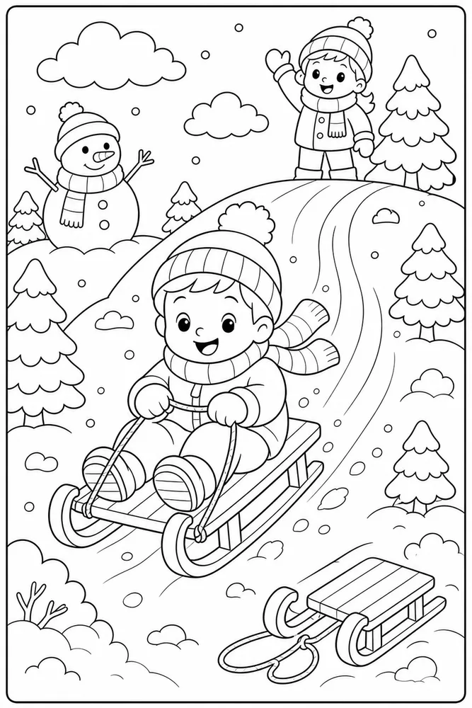 Cute Winter Sled Hill coloring page