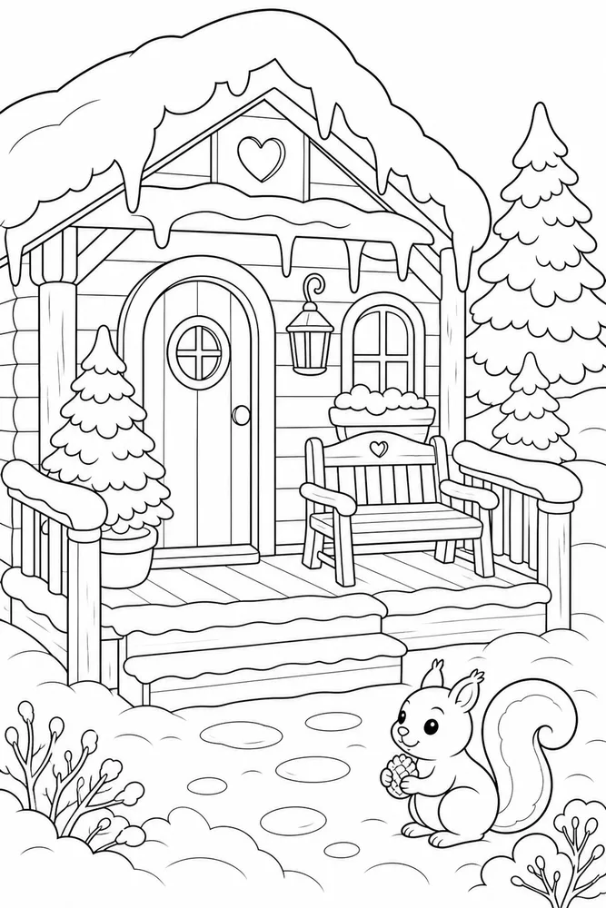 Cute Winter Snowy Cabin Porch coloring page