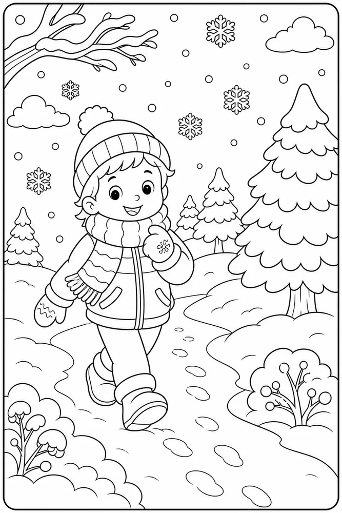 Cute Winter Coloring Pages preview: Cute Winter Snowy Scarf Walk coloring page