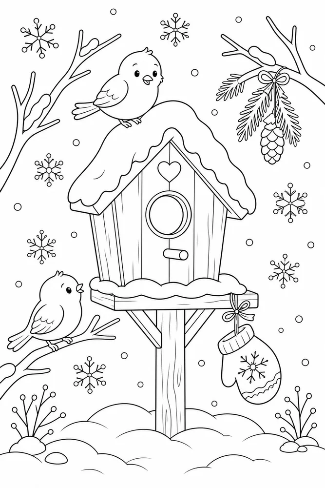 Cute Winter Winter Birdhouse coloring page